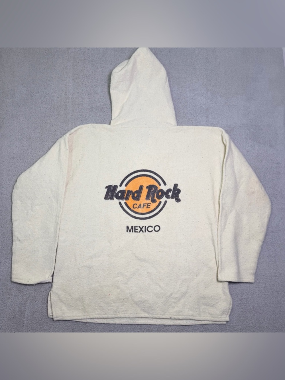 Vintage Hard Rock Cafe Mexico Baja Hoodie Adult XL Cream Woven Drug Rug Pullover